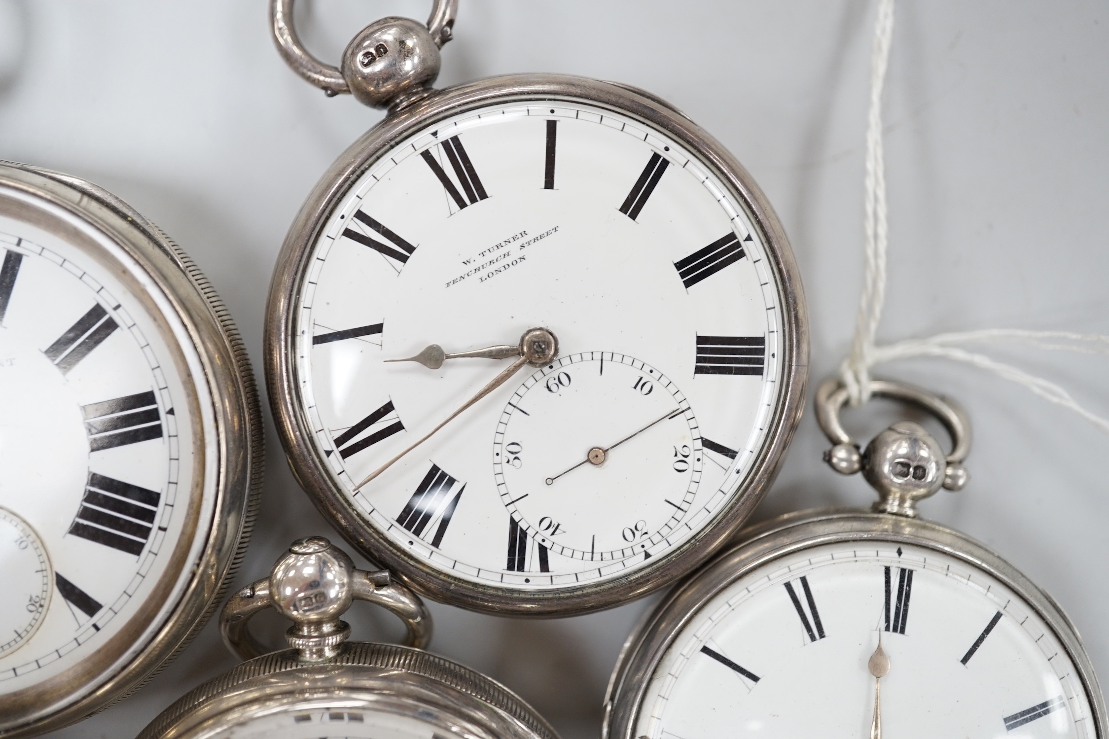 Ten assorted silver or white metal pocket watches including W. Turner and Improved Patent(2).